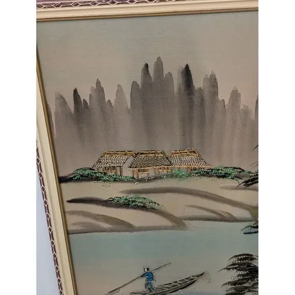 Vintage Pair of Japanese‎ Silk Paintings Embroidered Crewel Asian Mount Fuji MCM Mixed Media